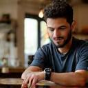Portrait of Sipho using smartwatch at café